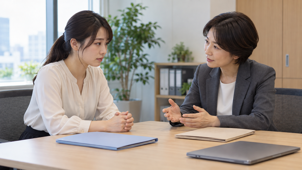 会社の人事担当者と介護休業の手続きについて相談する会社員