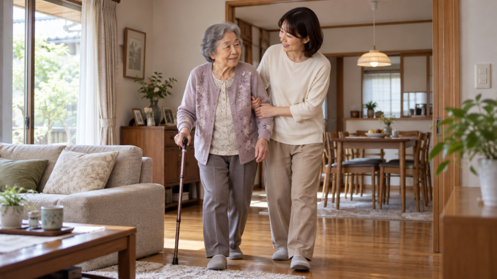 高齢の親の歩行をそばで支えながら生活の様子を確認する成人の子