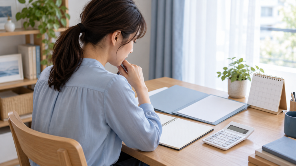 自宅で介護休業給付金の概算と申請予定をノートに整理する会社員