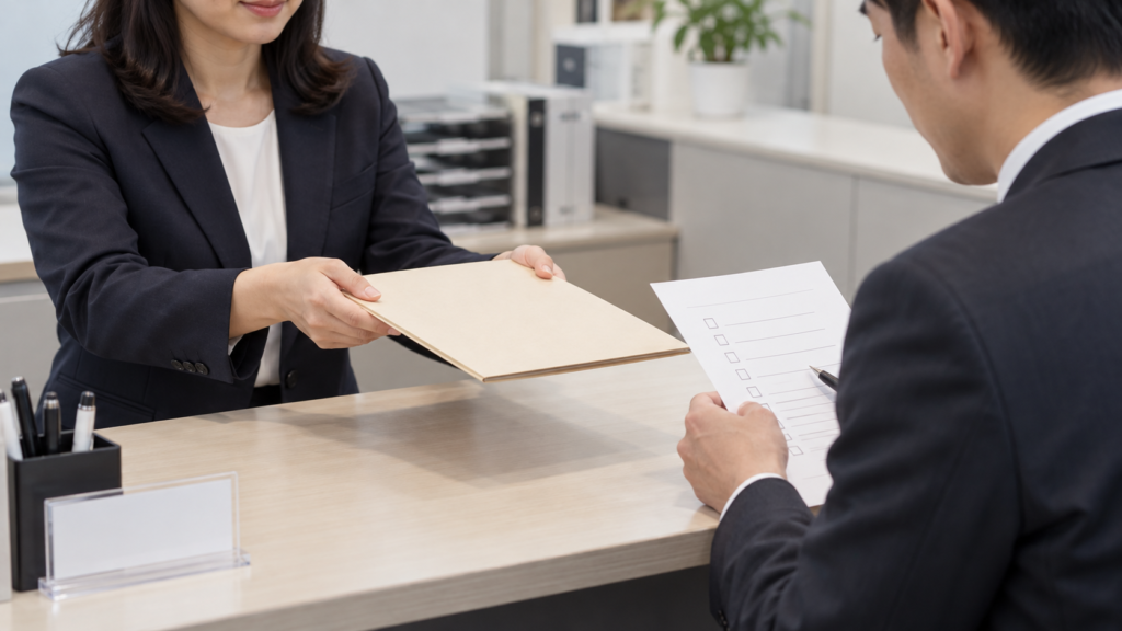 会社員と担当者が申請に必要な書類を一緒に照合する手元