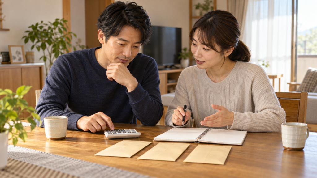 生活費や保険料の支出予定を家族で話し合いながら計算する様子