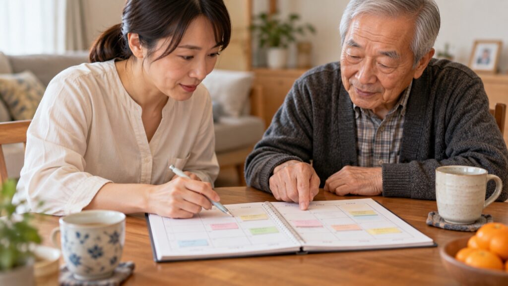 家族と一緒に介護と勤務の予定を確認する様子