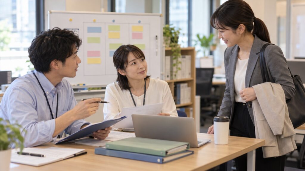 短時間勤務に合わせて同僚と業務の引継ぎを話し合う様子