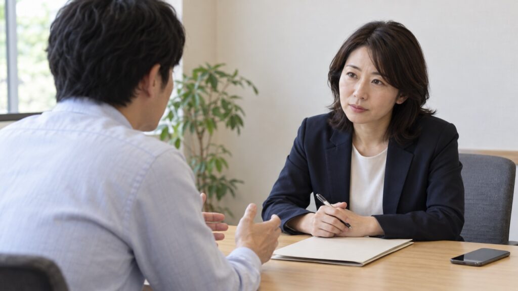 介護の制度利用について相談員へ話す人