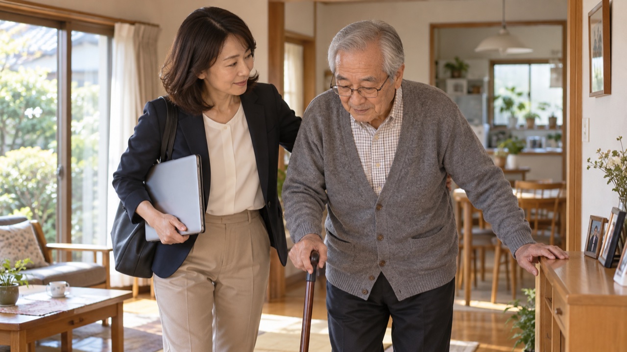 仕事用のパソコンを持ち家族の介護を支える人