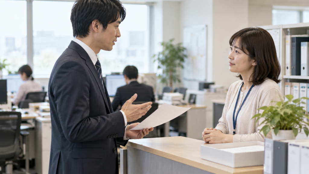 介護休暇の申請について職場の担当者へ説明する会社員