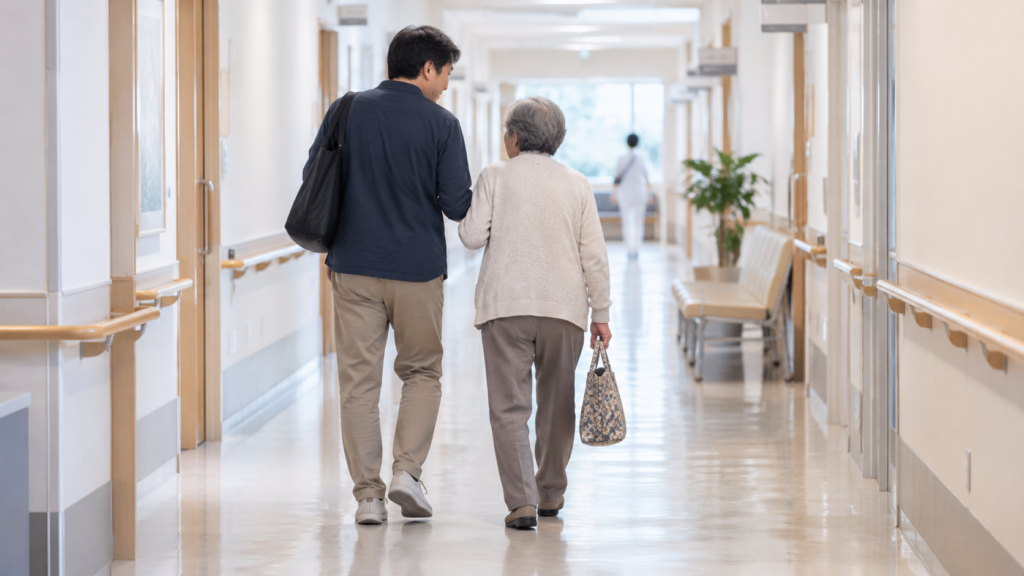 通院に付き添い高齢の母を支える成人の息子