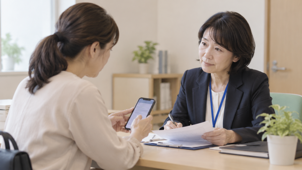 相談窓口で会社からの返答を説明する働く人