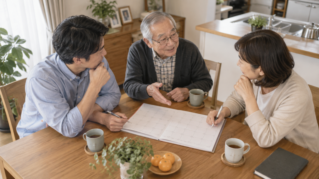 家族で必要な世話と仕事の予定を分担する話し合い