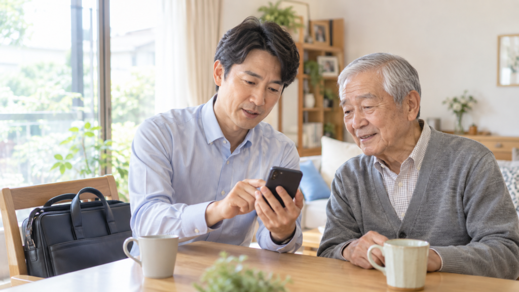 仕事と家族の介護の予定を確認する会社員
