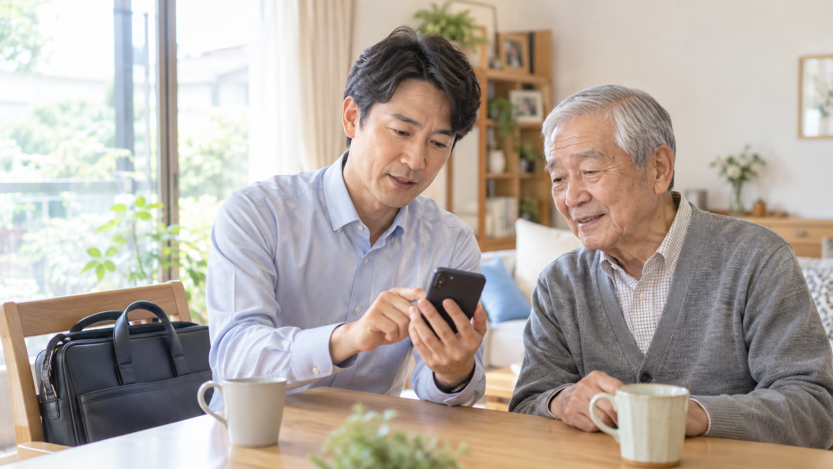仕事と家族の介護の予定を確認する会社員