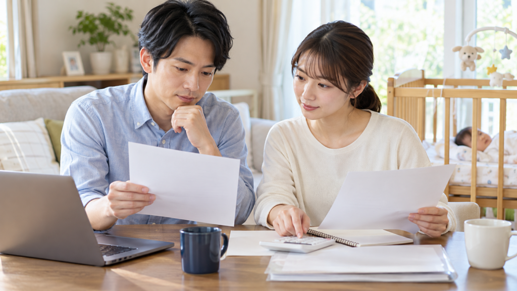 子どものそばで育児休業と家計の資料を確認する夫婦