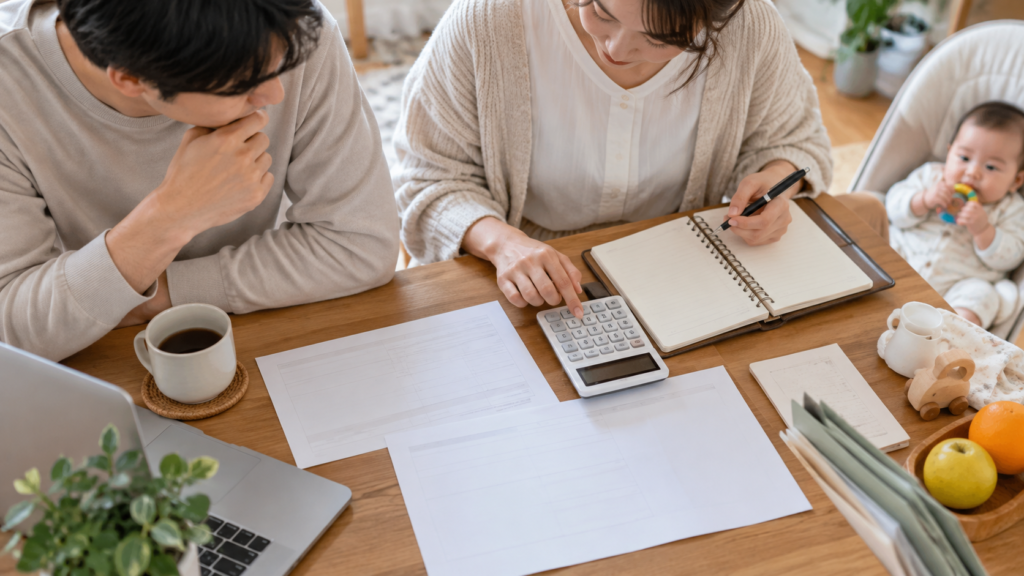 給与の資料と電卓で育児休業中の収入を計算する手元