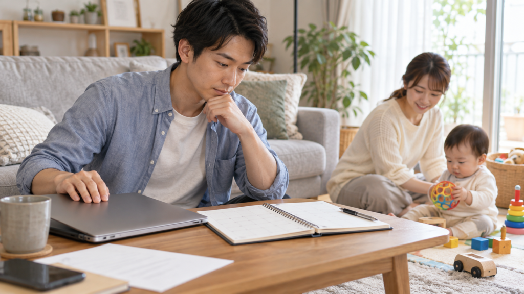 育休中の一時的な仕事と予定を確認する会社員