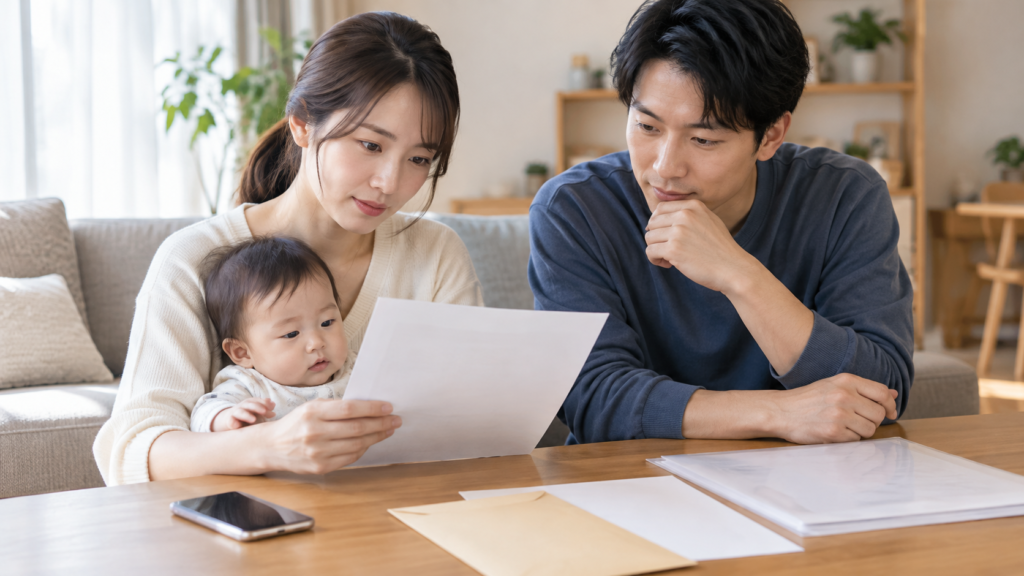 届いた通知と申請資料を分けて確認する保護者