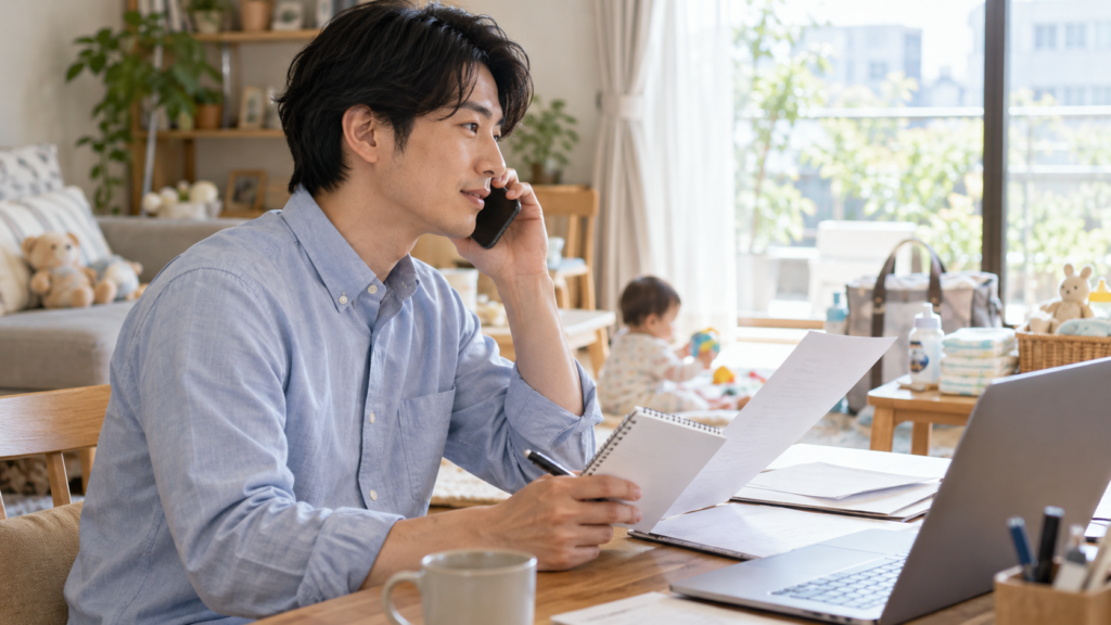 申請資料を見ながら会社の担当者へ状況を問い合わせる人