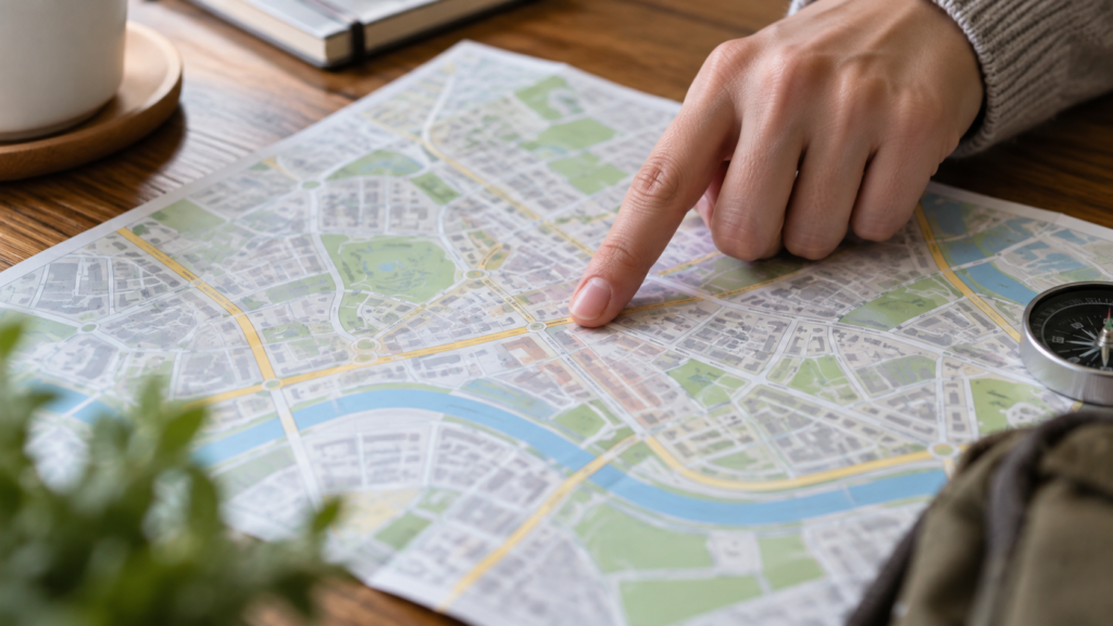 道順を示す地図を手元で確認する様子