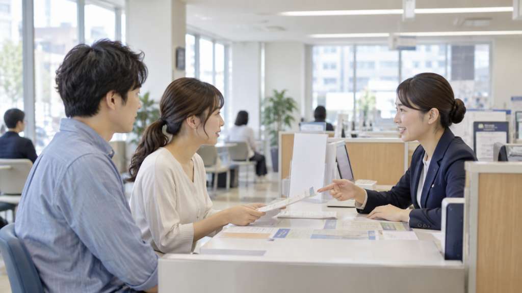 公的な相談窓口で書類を示して話す二人