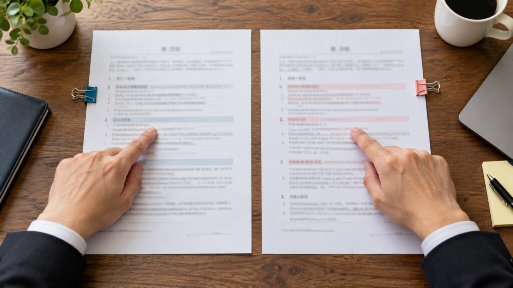 二つの契約書の同じ項目を照合する手元