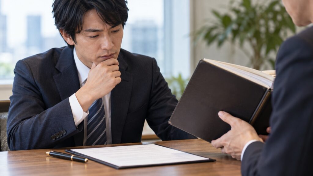 同意書に署名する前に内容を確認する様子