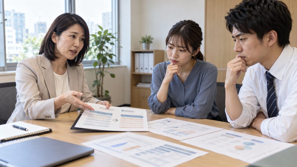 会社から労働条件の変更について説明を受ける社員