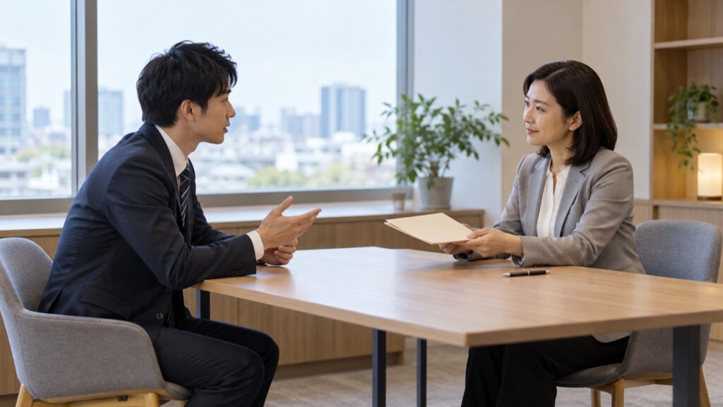 人事担当者へ変更理由と資料について質問する社員