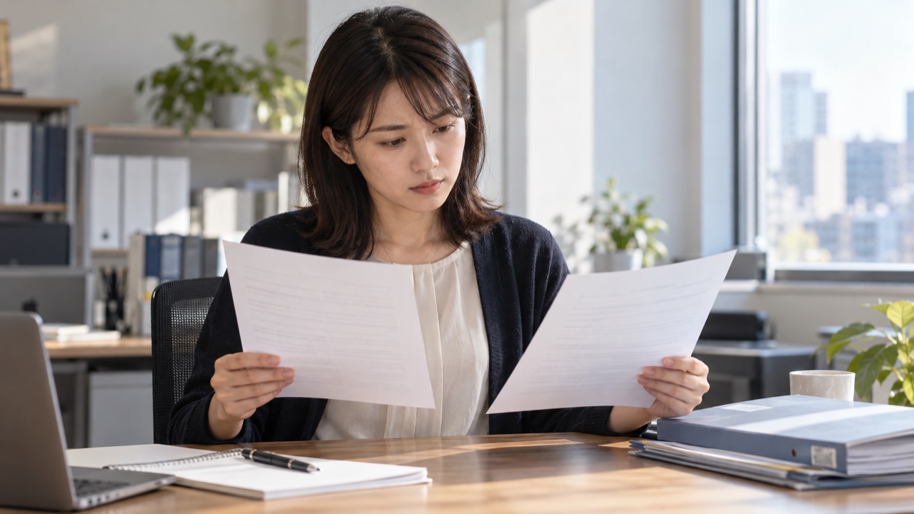 雇用契約の変更前後の資料を比較する会社員