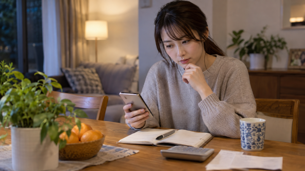 スマートフォンと家計ノートで給与の受取方法を考える会社員