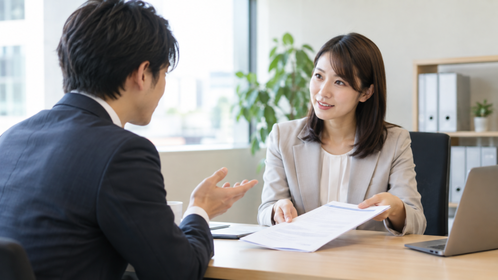 同意書に署名する前に人事担当者へ説明を求める会社員