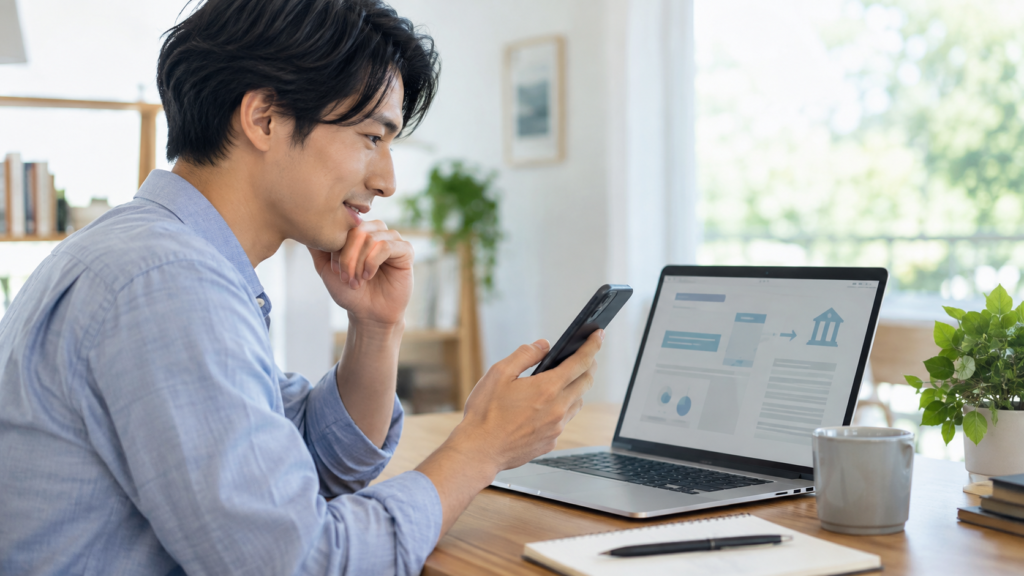 利用予定の給与受取サービスの条件を確認する会社員