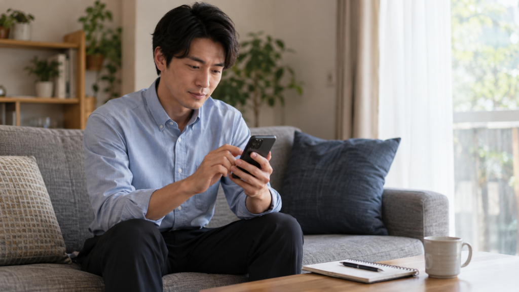 アプリの利用履歴を確認して問い合わせに備える会社員