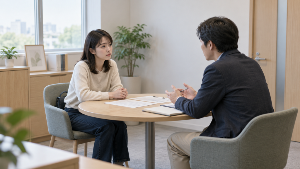 プライバシーに配慮された相談室で話す労働者と相談員