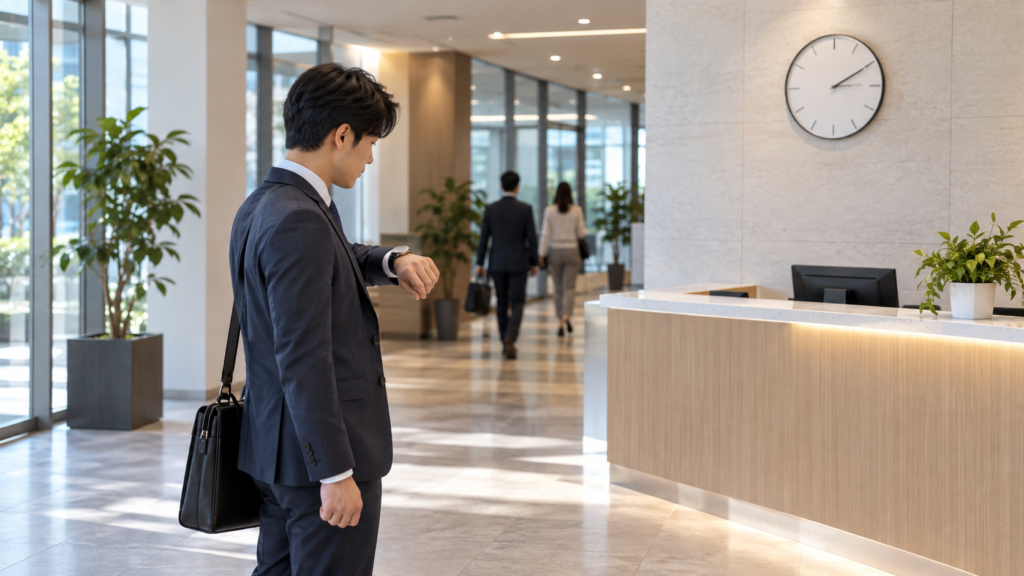 壁時計のある職場入口で時刻を確かめる会社員