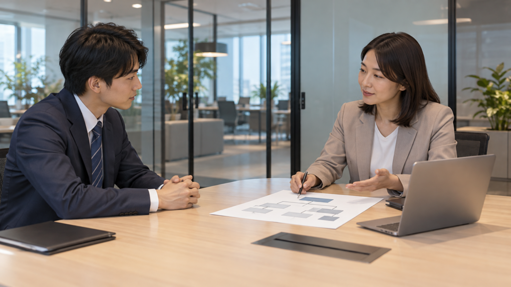 会議室で職務変更について説明を受ける社員