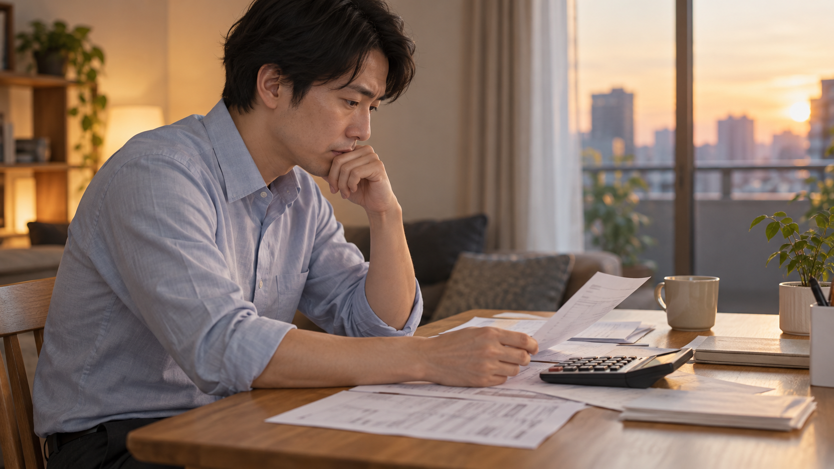 給与関係の書類と電卓を前に考える会社員
