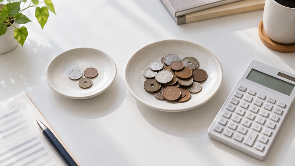 二つの小皿に硬貨を分けて置き上限を確かめる様子