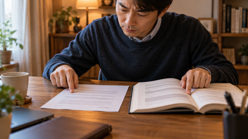 通知書と規程の冊子を別々に並べて照合する手元