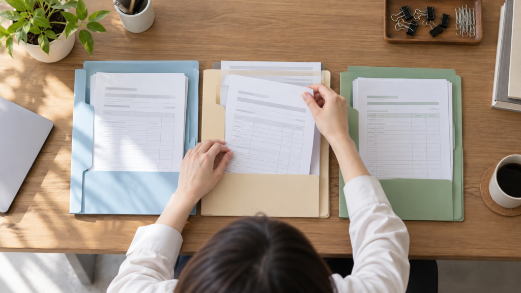 給与書類を色の違う三つのフォルダーに整理する様子