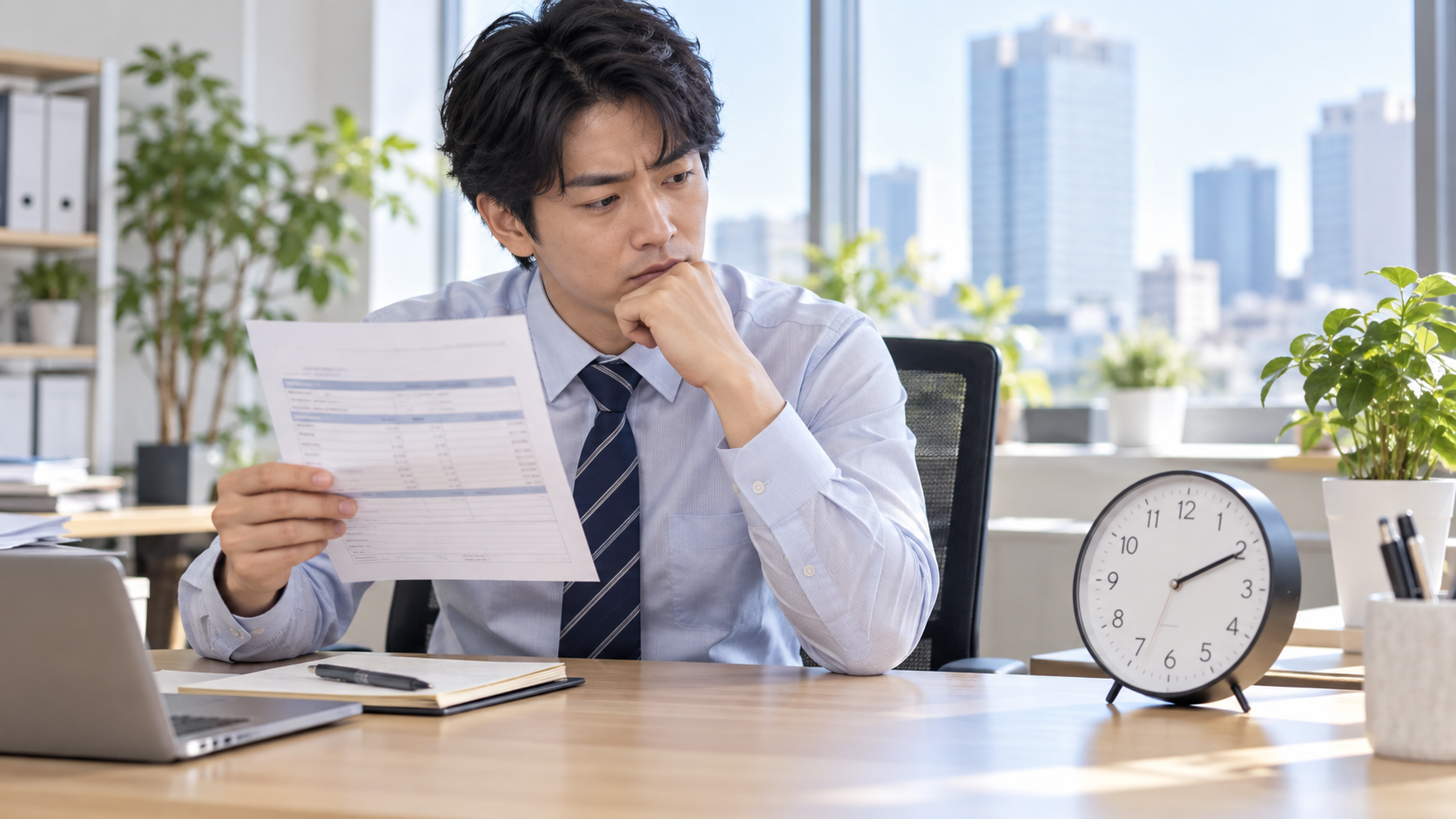 給与明細と時計を前に働き方を確認する会社員