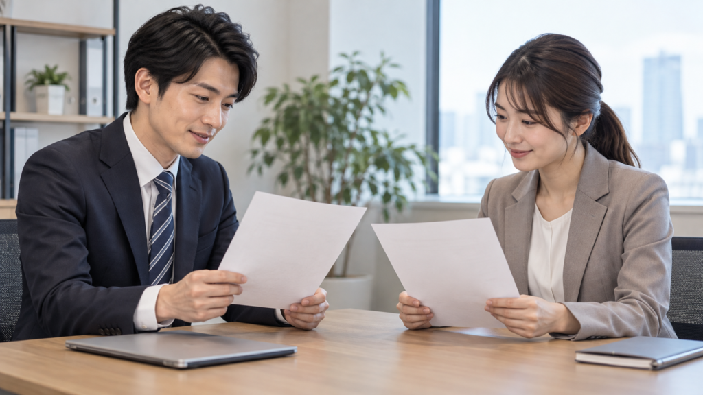 担当者と書類を見ながら労働条件を確認する面談