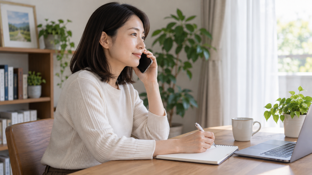 手元のメモを見ながら労働相談へ電話する人