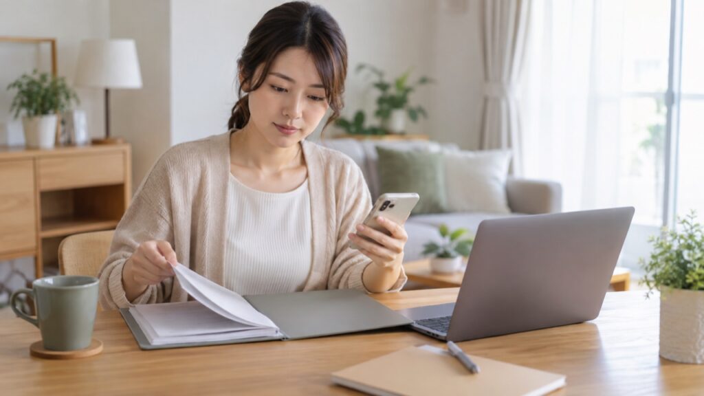 会社の連絡と休業の資料を整理する人