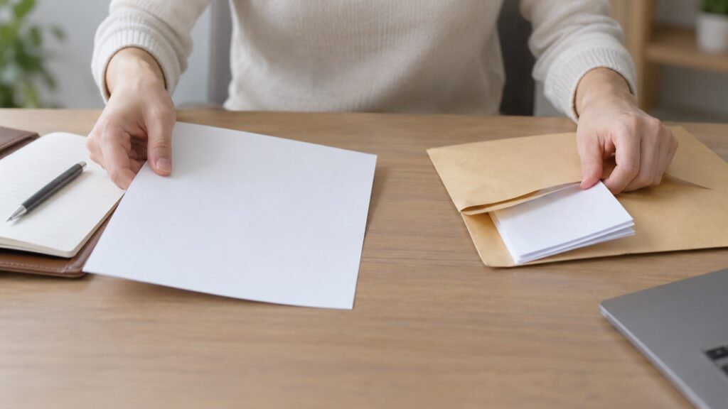 休暇の書類と給与資料を分ける手元