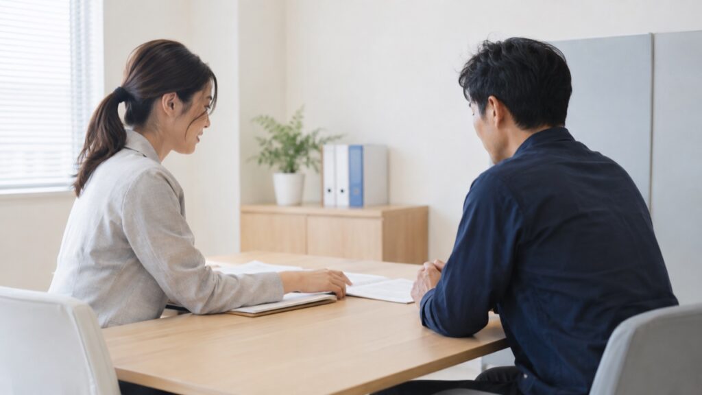 資料を持って相談員と話す労働者