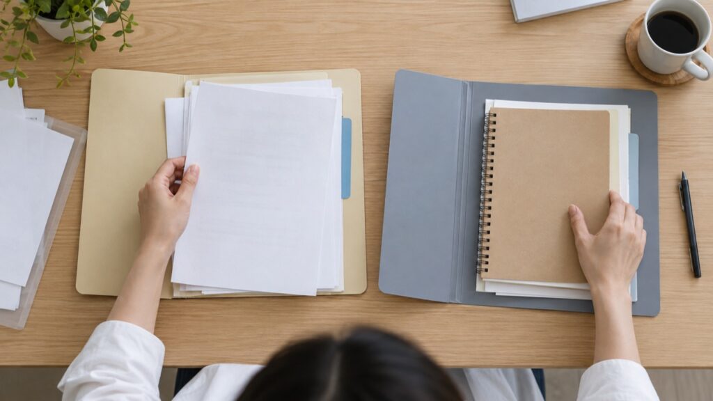 求人資料と勤務記録を分けて保管する様子