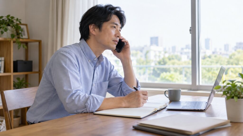 相談窓口に伝える内容を整理して電話する人