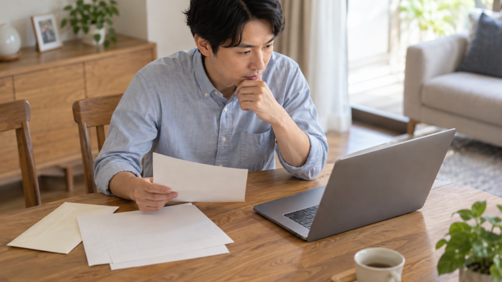 給与の書類とパソコンを並べて加入状況を確認する会社員