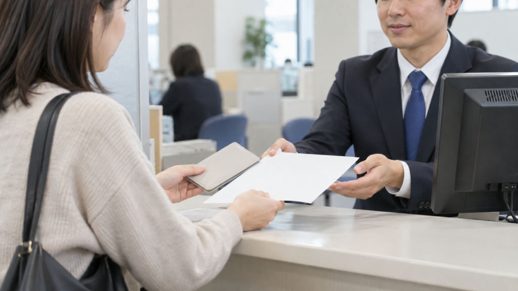 相談窓口で書類を示して加入記録の確認方法を尋ねる様子