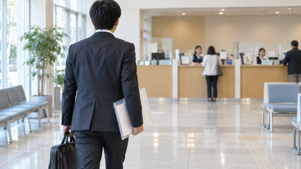 書類を持って公的な相談窓口へ向かう会社員