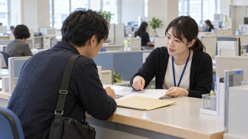 雇用保険の書類について公的窓口で相談する人